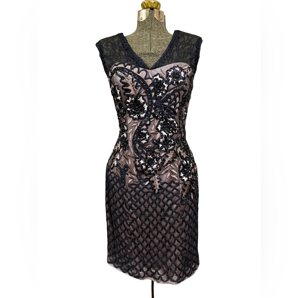 Vintage Sue Wong Lace Beaded Cocktail Dress Black Nude Embroidered Y2K Glam Goth